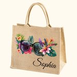 Sac à Main Personnalisé avec Nom Style Lunettes Chaise de Plage Tongs Sac en Jute de Grande Capacité Cadeau Voyage Vacances d'Été pour Femme