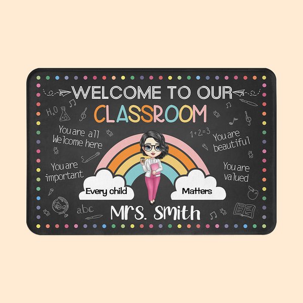 Paillasson Antidérapant Personnalisé avec Nom et Dessin de l'Enseignante Thème Welcome To Our Classroom Cadeau Rentrée Scolaire pour Femme