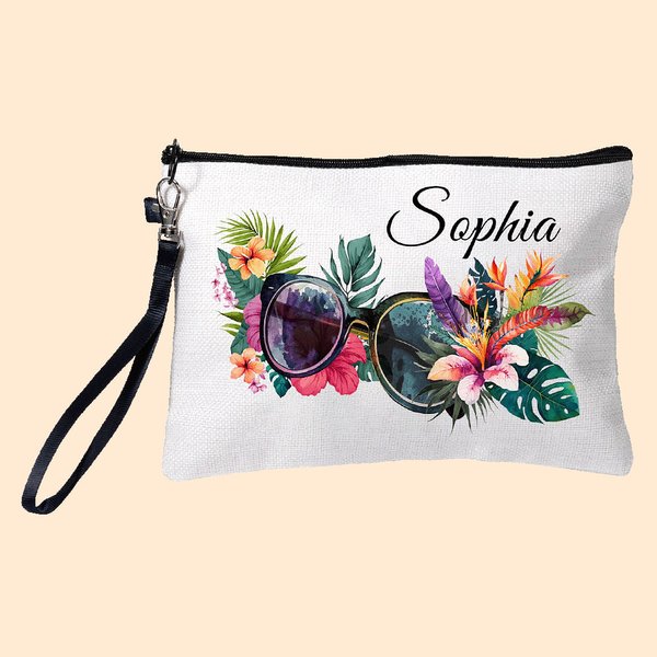 Sac de Maquillage avec Bracelet Portable Personnalisé avec Nom Motif Lunettes de Soleil Fleur Vacances d'Été Cadeau Voyage pour Femme
