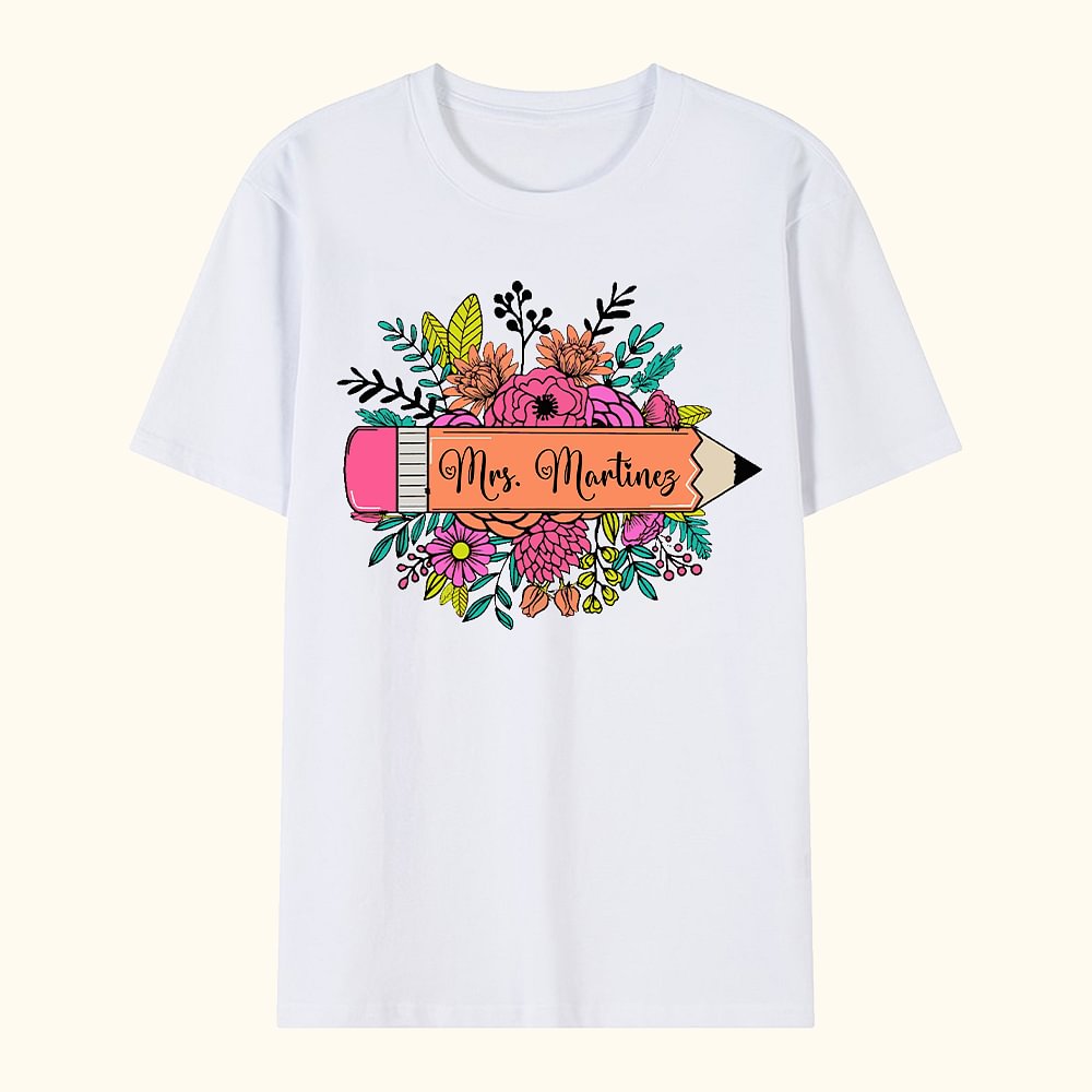T-shirt Sweatshirt Personnalisé avec Nom sur Crayon Floral Cadeau Journée de l'Enseignant Remerciement Rentrée pour Professeur