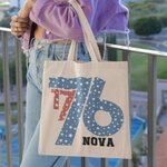 Personalized American Flag 1776 Bow Tie Canvas Tote Bag with Name 4th of July Independence Day Gift for Family Friend