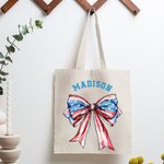 Personalized American Flag 1776 Bow Tie Canvas Tote Bag with Name 4th of July Independence Day Gift for Family Friend