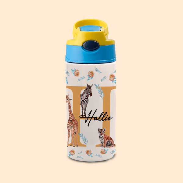 Bottiglia d'acqua sportiva personalizzata con cannuccia per animali della giungla da 12 once, regalo di compleanno per bambini e ritorno a scuola