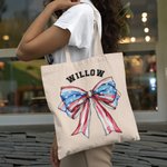 Personalized American Flag 1776 Bow Tie Canvas Tote Bag with Name 4th of July Independence Day Gift for Family Friend