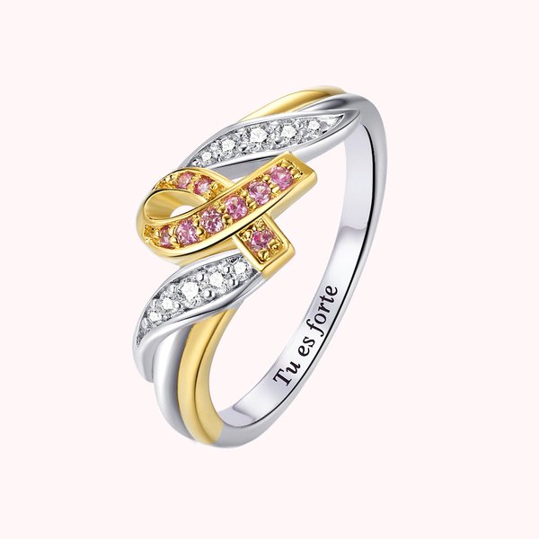 Bague Personnalisée avec Nom Gravure Ruban à la Sensibilisation à la Lutte Contre Cancer du Sein Cadeau d'Encouragement pour Femme