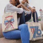Personalized American Flag 1776 Bow Tie Canvas Tote Bag with Name 4th of July Independence Day Gift for Family Friend