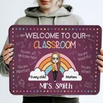 Paillasson Antidérapant Personnalisé avec Nom et Dessin de l'Enseignante Thème Welcome To Our Classroom Cadeau Rentrée Scolaire pour Femme