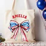Personalized American Flag 1776 Bow Tie Canvas Tote Bag with Name 4th of July Independence Day Gift for Family Friend