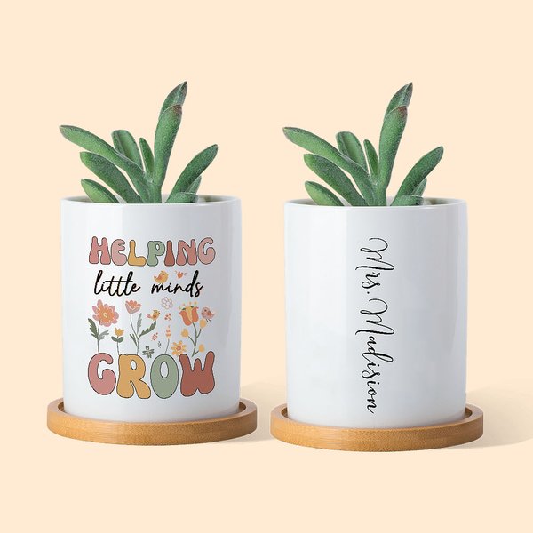 Vaso per piante in ceramica personalizzato con nome e base in bambù Regalo di ringraziamento per gli insegnanti per il ritorno a scuola