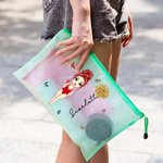 Personalized Cute Cartoon Girl Birth Flower Waterproof Beach Bag with Name Birthday Wedding Beach Party Gift for Her