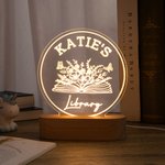 Veilleuse LED Personnalisée au Nom de la Bibliothèque avec Socle en Bois Décoration du Club de Lecture Cadeau d'Anniversaire pour Amoureux des Livres