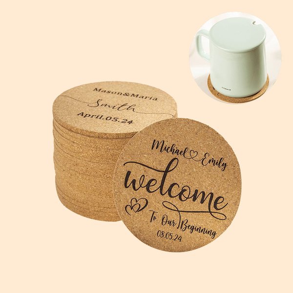 Personalized Set of 10 Reusable Wedding Favor Cork Coasters with Couple Name and Date Bridal Shower Gift for Newlyweds