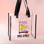 Personalized Pencil Apple Graffiti Letter Waterproof Clear Tote Bag with Name and Initial Back to School Appreciation Birthday Gift for Teacher