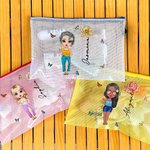 Personalized Cute Cartoon Girl Birth Flower Waterproof Beach Bag with Name Birthday Wedding Beach Party Gift for Her