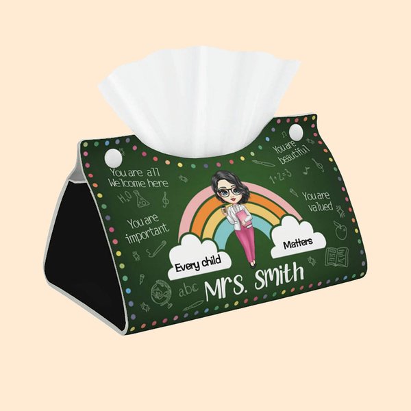 Personalized Every Child Matters Dots Rainbow Foldable Tissue Box Cover with Name and Snap Button Appreciation Back to School Gift for Teacher
