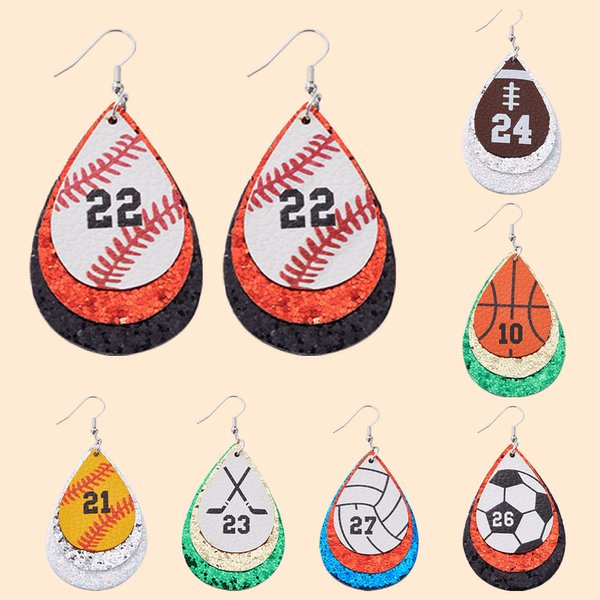 Orecchini personalizzati in pelle PU a goccia Glitter Baseball Softball Football con numero Regalo di compleanno per gli amanti dello sport