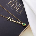 Personalisierte Kreuz-Halskette mit Namen Gravur und Geburtsstein Geburtstag Taufgeschenk für Kinder Damen