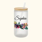 Personalized Floral Sunglasses Beach Chair Flip Flops 20oz Frosted Name Glass Tumbler with Bamboo Lid and Straw Birthday Summer Holiday Gift for Her