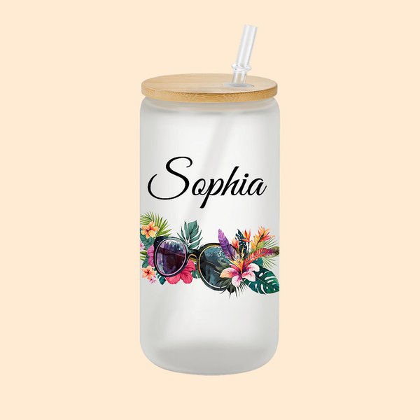 Verre Givré 591ml Personnalisé avec Nom Motif d'Été Gobelet avec Couvercle en Bambou et Paille Cadeau d'Anniversaire Vacances pour Famille