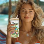 Personalized Floral Sunglasses Beach Chair Flip Flops 20oz Frosted Name Glass Tumbler with Bamboo Lid and Straw Birthday Summer Holiday Gift for Her