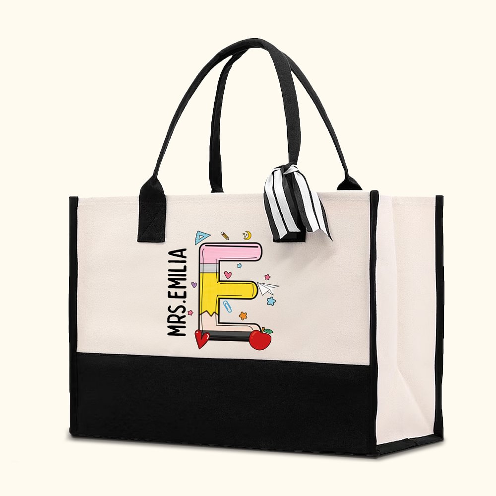 Sac à Main en Toile Personnalisé avec Nom et Initiale Cadeau Remerciement Rentrée pour l'Enseignant