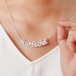 Personalized Curved Two Script Names Necklace with Heart and Birthstone Minimalist Jewelry Birthday Anniversary Gift for Her