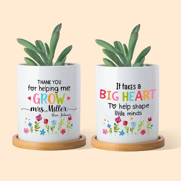 Personalized Thank You For Helping Me Grow Floral Name Ceramic Flower Pot with Bamboo Tray Teacher's Day Back to School Gift for Teacher