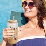 Personalized Floral Sunglasses Beach Chair Flip Flops 20oz Frosted Name Glass Tumbler with Bamboo Lid and Straw Birthday Summer Holiday Gift for Her