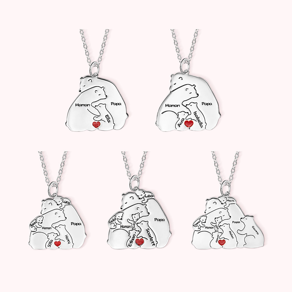 Collier Personnalisé avec Noms Gravés Pendentif Famille d'Ours Cadeau Fête des Pères pour Papa Grand-Père
