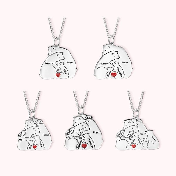 Collier Personnalisé avec Noms Gravés Pendentif Famille d'Ours Cadeau Fête des Pères pour Papa Grand-Père