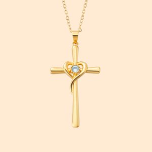 Collier Croix de Coeur Personnalisé avec Pierre de Naissance Bijoux Chrétiens Minimalistes Cadeau Réligieux Anniversaire pour Femme