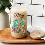 Personalized Floral Sunglasses Beach Chair Flip Flops 20oz Frosted Name Glass Tumbler with Bamboo Lid and Straw Birthday Summer Holiday Gift for Her