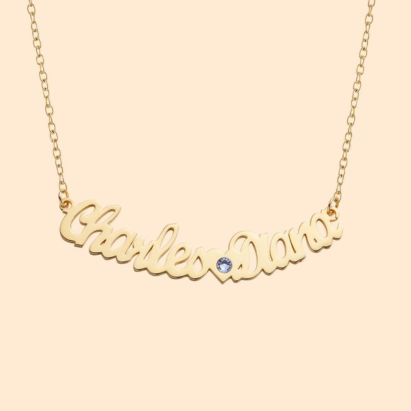 Personalisierte gekrümmte zwei Skript Namen Halskette mit Herz und Birthstone Minimalist Schmuck Geburtstag Jahrestag Geschenk für sie