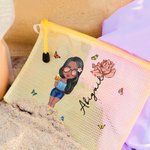 Personalized Cute Cartoon Girl Birth Flower Waterproof Beach Bag with Name Birthday Wedding Beach Party Gift for Her