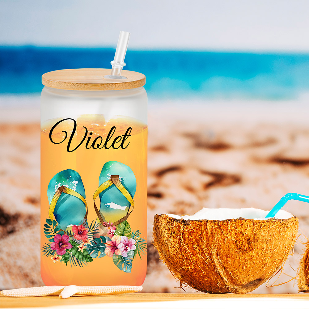 Gafas de sol florales personalizadas Silla de playa Chanclas Vaso de vidrio esmerilado con nombre de 20oz con tapa de bambú y pajita Regalo de cumplea