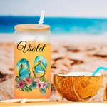Personalized Floral Sunglasses Beach Chair Flip Flops 20oz Frosted Name Glass Tumbler with Bamboo Lid and Straw Birthday Summer Holiday Gift for Her