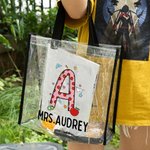 Personalized Pencil Apple Graffiti Letter Waterproof Clear Tote Bag with Name and Initial Back to School Appreciation Birthday Gift for Teacher