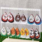 Personalized Glitter Baseball Softball Football Teardrop PU Leather Earrings with Number Birthday Game Day Gift for Sports Lover
