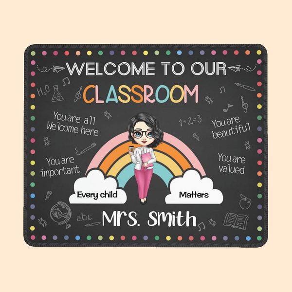 Personalized Welcome To Our Classroom Name Mouse Pad with Cartoon Teacher Character Appreciation Back to School Gift for Teacher