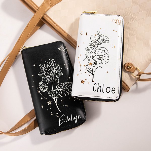 Portefeuille pour Femme Personnalisé avec Nom Fleur de Naissance et Zodiaque Cadeau Anniversaire Fête des Mères
