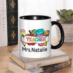 Mug en Céramique 330ml Personnalisé avec Nom Motif Crayon Pomme Carnet de Notes Cadeau de Rentrée pour Professeur