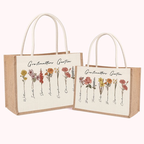 Personalisierte 1-20 Geburtsblumen Garten Jute Tasche mit Namen und Große Kapazität Geburtstag Muttertag Geschenk für Oma Mama