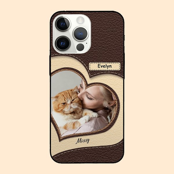 Custodia in pelle personalizzata con foto del cuore per iPhone con nome Regalo di compleanno per chi ama gli animali domestici