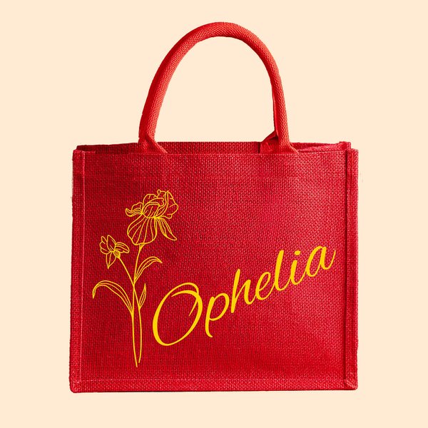 Personalisierte Rote Jute Tragtasche und Geburtsblume & Name Geburtstag Weihnachten Geschenk für Damen Familie