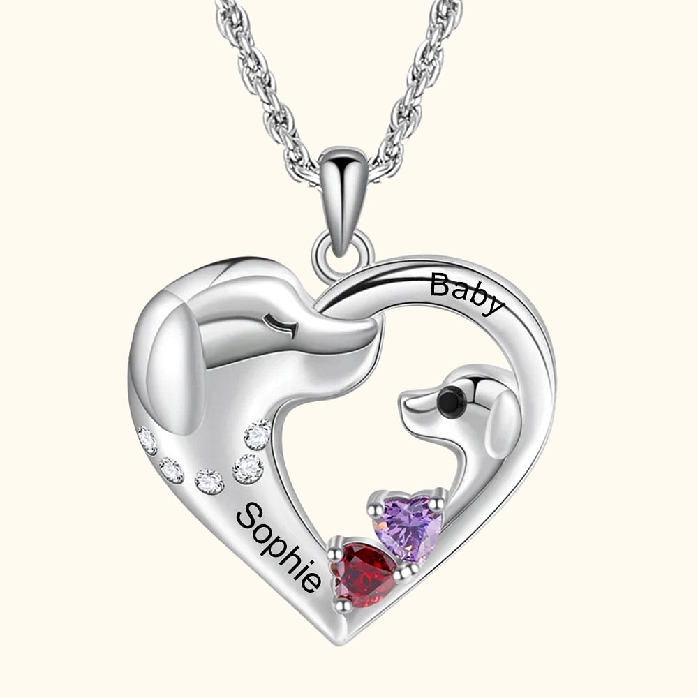 Collier de Chien Personnalisé avec Noms Gravés et Pierres de Naissance en Forme de Coeur Cadeau d'Anniversaire pour Elle