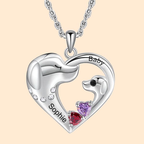Collier de Chien Personnalisé avec Noms Gravés et Pierres de Naissance en Forme de Coeur Cadeau d'Anniversaire pour Elle