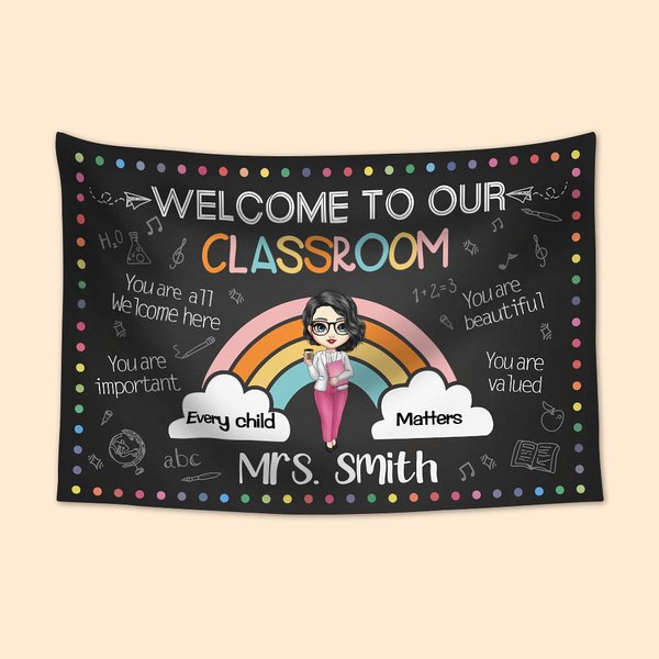 Arazzo personalizzato Cartoon Rainbow Welcome To Our Classroom con nome Regalo per l'insegnante per il giorno del ritorno a scuola