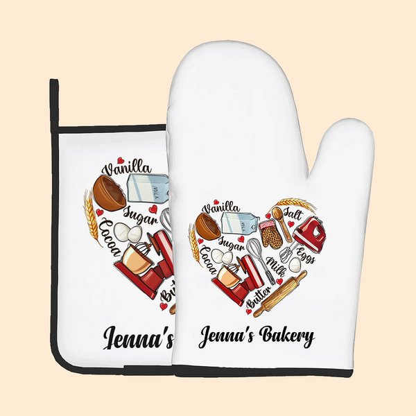 Strumenti da forno personalizzati Love Heart Set di guanti da forno e presine resistenti al calore con testo e passante da appendere per gli amanti de