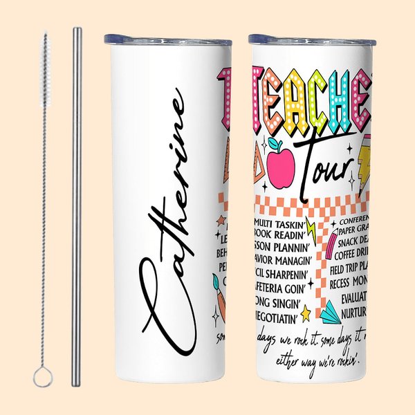Personalized Retro Neon Letters Teacher Tour 20oz Skinny Tumbler with Straw and Cleaning Brush Back to School Appreciation Gift for Teacher