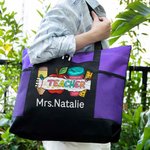 Personalized Colorful Apple Ruler Design Teacher Oxford Large Tote Bag with Name Back to School Appreciation Gift for Teacher